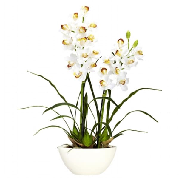 Nearly Natural Cymbidium with White Vase Silk Flower Arrangement 4803 - main
